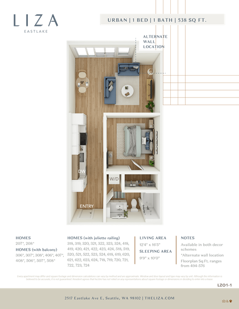 Liza Apartment 3D floor plan - 1x1 538 sqft